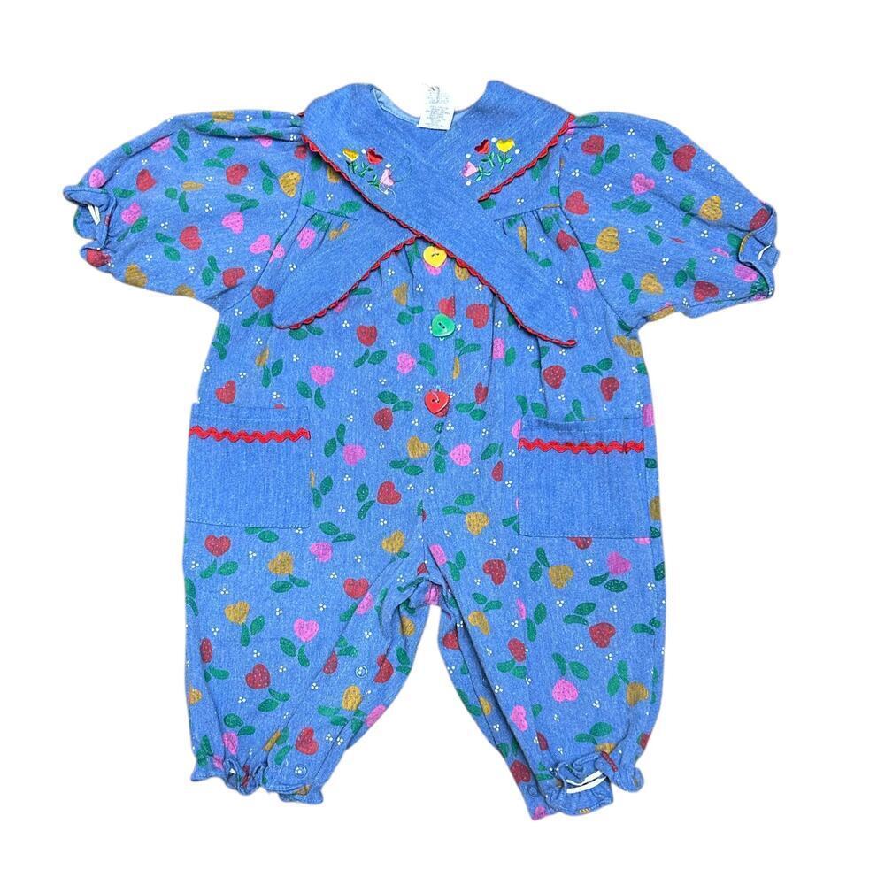 Vintage 90's Denim Jumpsuit Baby Romper All Over Print Floral Strawberry Heart